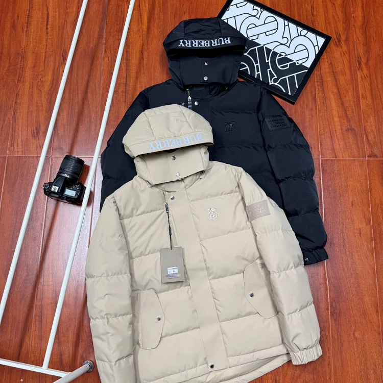 Burberry Black and Beige Puffer Jackets with Hood