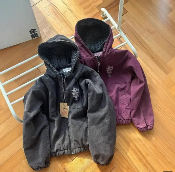 跨境Stu@斯图 秋冬重工水洗做旧黑8刺绣复古拉链棉服夹克外