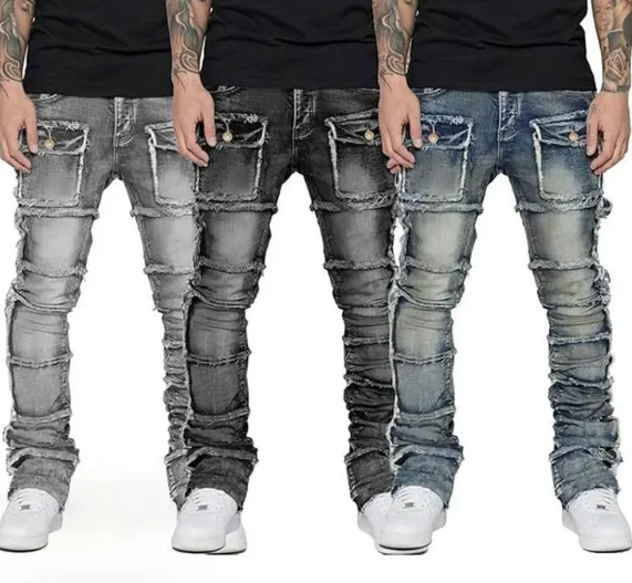 S290 代发速卖通亚马逊跨境新款弹性叠层牛仔裤男士修身破洞